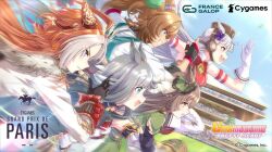 5girls :d ahoge animal_ears bare_shoulders black_gloves blade_of_grass blast_onepiece_(umamusume) blonde_hair blurry blurry_background boots bow braid brown_hair chrono_genesis_(umamusume) clenched_teeth commentary commentary_request copyright_name copyright_notice crowd cygames detached_sleeves ear_bow ear_ornament english_commentary english_text epaulettes fingerless_gloves france french_commentary furrowed_brow gloves gold_ship_(umamusume) green_shirt grey_hair hair_between_eyes hair_ornament half_up_braid hand_up hat highres horse horse_ears horse_girl horse_racing_track jacket jockey knee_up long_hair long_sleeves looking_ahead multicolored_hair multiple_girls official_art open_mouth orange_hair orfevre_(umamusume) pants parted_bangs purple_bow racetrack running satono_diamond_(umamusume) second-party_source shirt sidelocks sky sleeveless sleeveless_jacket sleeves_past_fingers sleeves_past_wrists smile teeth twintails umamusume upper_teeth_only v-shaped_eyebrows white_boots white_gloves white_jacket white_pants white_shirt