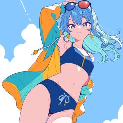 Rule 34 | 1girl, absurdres, arm up, bikini, blue bikini, blue eyes, blue hair, blue sky, breasts, closed mouth, cloud, day, earrings, eyewear on head, floating hair, highres, hololive, hoshimachi suisei, jacket, jewelry, kerinaharaini, long hair, looking at viewer, navel, outdoors, sky, small breasts, smile, solo, star (symbol), star earrings, stomach, sunglasses, swimsuit, tinted eyewear, virtual youtuber