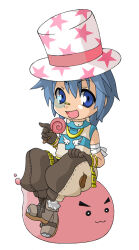 1boy :3 blue_eyes blue_hair blue_shirt boots brown_boots brown_gloves brown_shorts candy chibi chibi_only commentary_request cross cross_print food full_body fur-trimmed_boots fur_trim gloves hat holding holding_candy holding_food holding_lollipop lollipop looking_at_viewer male_focus monocle monou0135 poring print_hat ragnarok_online rimless_eyewear round_eyewear shirt short_hair shorts simple_background sleeveless sleeveless_shirt slime_(creature) smile solo star_(symbol) star_print super_novice_(ragnarok_online) swirl_lollipop top_hat turtleneck turtleneck_shirt two-tone_shirt white_background white_hat white_shirt