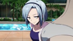 10s 2girls akuma_no_riddle animated animated_gif ass ass_shake azuma_tokaku bikini butt_crack grin hairband multiple_girls pool poolside short_hair shutou_suzu smile swimsuit yellow_eyes
