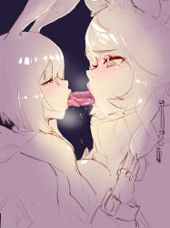 2girls absurdres amiya_(arknights) animal_ears arknights barbed_tongue blush braid drooling eye_contact french_kiss half-closed_eyes highres hitobashira_(1746164306) jewelry kiss kiss_focus leopard_ears leopard_girl limited_palette lips long_hair long_tongue looking_at_another multiple_girls pramanix_(arknights) rabbit_ears rabbit_girl ring saliva short_hair size_difference sketch tongue tongue_out tongue_suck turtleneck yuri