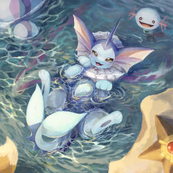 :d absurdres afloat blush bright_pupils commentary_request creatures_(company) day eevee from_above game_freak gen_1_pokemon gen_2_pokemon gen_3_pokemon green_eyes highres milotic nintendo open_mouth outdoors pokemon pokemon_(creature) quagsire smile staryu tongue vaporeon water white_pupils wooper yj0i0