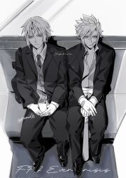 2boys bag bandaid bandaid_on_cheek bandaid_on_face bandaid_on_hand baseball_bat black_jacket black_shoes cloud_strife cloud_strife_(midgard_seventh_high_school) digital_media_player english_text final_fantasy final_fantasy_vii final_fantasy_vii_ever_crisis highres holding holding_baseball_bat hroncat implied_yaoi jacket male_focus multiple_boys necktie official_alternate_costume school_uniform sephiroth sephiroth_(ever_crisis) sephiroth_(shinra_private_academy) shared_headphones shirt shoes short_hair sitting spiked_hair sweater_vest white_shirt