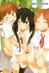 3girls animal_ears black_hair black_socks blush blush_stickers brown_eyes brown_hair cat_ears closed_eyes closed_mouth day dot_nose fake_animal_ears feet_out_of_frame female_focus grey_skirt hair_between_eyes happy hirasawa_ui holding hug k-on! long_hair looking_at_viewer ms multiple_girls nakano_azusa one_eye_closed open_mouth outdoors ribbon sakuragaoka_high_school_uniform school_uniform shirt short_hair short_sleeves skirt socks star_(symbol) suzuki_jun sweater_vest teeth white_shirt white_socks yellow_sweater_vest