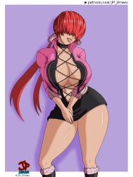 1girl boots breasts cleavage cleavage_cutout clothing_cutout curvy dress fishnets fluffy highres huge_breasts jacket jp_draws large_breasts long_hair no_bra ponytail red_hair shermie_(kof) shiny_skin skirt smile smiley_face standing the_king_of_fighters thick_thighs thighs twintails wide_hips