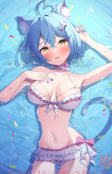 1girl ahoge animal_ears bikini bikini_skirt blue_hair blush breasts cat_ears cat_girl cat_tail cowboy_shot frilled_skirt frills heart heart_ahoge highres hololive large_breasts partially_submerged skirt solo suicabar72 swimsuit tail virtual_youtuber water white_bikini yukihana_lamy