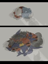 Rule 34 | 2others, closed eyes, closed mouth, garchomp, gen 4 pokemon, gible, highres, hisuian arcanine, hisuian growlithe, korean commentary, lying, multiple others, nintendo, on back, on stomach, open mouth, poke sum818, pokemon, pokemon (creature), shadow, sharp teeth, shirt, sleeping, sleeping on pokemon, sleeping together, sleeping upright, tagme, teeth, volo (pokemon), white shirt