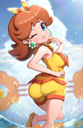 1girl absurdres ass bare_shoulders bikini blonde_hair blue_eyes blue_sky blush bow breasts brooch brown_hair dress_swimsuit earrings flipped_hair flower_brooch flower_earrings from_behind gonzarez hair_bow highres jewelry looking_at_viewer looking_back mario_(series) mario_kart mario_kart_tour mario_kart_world medium_breasts medium_hair nintendo official_alternate_costume one-piece_swimsuit one_eye_closed open_mouth orange_hair orange_one-piece_swimsuit parted_bangs parted_lips princess_daisy princess_daisy_(swimwear)_(mario_kart_tour) sarong short_shorts shorts sideboob sky smile solo swimsuit two-tone_one-piece_swimsuit yellow_one-piece_swimsuit