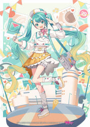 1girl 39 :d aqua_eyes aqua_hair aqua_nails artist_name asymmetrical_bangs banner belt beret blonde_hair copyright_notice cropped_jacket flag food foot_up fruit full_body gradient_hair grey_bag hat hatsune_miku heart holding holding_flag jacket layered_skirt logo long_hair magical_mirai_(vocaloid) magical_mirai_miku magical_mirai_miku_(2024) miwasiba multicolored_hair multicolored_nails musical_note official_art open_mouth pink_nails polaroid_photo second-party_source shoelaces shoes shorts shorts_under_skirt silhouette skirt smile solo standing standing_on_one_leg star_(symbol) strawberry teeth tongue tongue_out twintails upper_teeth_only very_long_hair vocaloid white_belt white_hat white_jacket white_shoes yellow_skirt