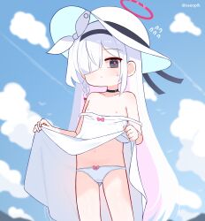 1girl black_choker black_eyes blue_archive blue_sky braid choker cloud day dress flat_chest hair_over_one_eye hat highres loli long_hair looking_at_viewer multicolored_hair navel nipples outdoors panties pink_hair plana_(blue_archive) red_pupils single_braid sky sseopik standing twitter_username two-tone_hair underwear very_long_hair white_dress white_hair white_hat white_panties