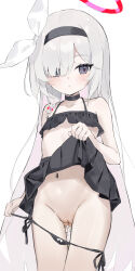 1girl absurdres alternate_costume bikini bikini_bottom_pull black_bikini black_choker black_hairband black_headband black_skirt blue_archive bow_hairband braid breasts choker cleft_of_venus closed_mouth clothes_lift collarbone commentary_request cowboy_shot dot_nose expressionless flat_chest frilled_bikini_top gluteal_fold grey_eyes hair_over_one_eye hair_ribbon hairband halo headband highres lifting_own_clothes loli long_hair looking_to_the_side navel one_eye_covered plana_(blue_archive) pleated_skirt pussy pussy_juice red_halo ribbon side-tie_bikini_bottom side_braid simple_background single_braid skirt skirt_lift small_breasts solo standing string_bikini swimsuit user_gkwj5825 very_long_hair white_background white_hair