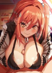 araimooah bikini black_bikini blush breasts dead_or_alive dead_or_alive_5 erection fingerless_gloves gloves hair_between_eyes hair_ornament heart heart_print hetero honoka_(doa) huge_breasts jacket looking_at_viewer official_alternate_costume open_clothes open_jacket paizuri paizuri_under_clothes penis pink_hair pov red_eyes side_ponytail swimsuit