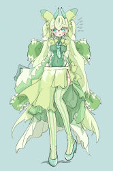 1girl :o alternate_color antennae blue_background blush clothing_cutout covered_navel frills full_body game_freak gen_7_pokemon green_eyes green_footwear green_hair green_leotard green_necktie green_skirt green_thighhighs highres humanization leotard long_hair long_sleeves looking_at_viewer lurantis necktie nintendo pokemon pokemon_(creature) popped_collar rein_(3313) shiny_pokemon simple_background skirt standing striped_clothes striped_thighhighs thigh_cutout thighhighs twintails