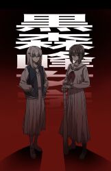 2girls arm_support baseball_bat blue_eyes blue_jacket brown_eyes brown_hair eyes_visible_through_hair full_body girls_und_panzer gradient_background grey_hair hair_between_eyes hair_ornament hands_in_pockets highres holding holding_baseball_bat itsuki_(tanakaitsukiiii) itsumi_erika jacket long_skirt long_sleeves looking_at_viewer medium_hair multiple_girls neckerchief nishizumi_maho pleated_skirt red_neckerchief sailor_collar sailor_shirt school_uniform serafuku shirt short_hair skirt two-tone_background white_serafuku white_shirt white_skirt