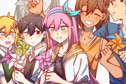 Rule 34 | 2025, 2girls, 4boys, :d, ^ ^, antenna hair, aubrey (faraway) (omori), aubrey (omori), bailan1130, bare arms, bare shoulders, basil (faraway) (omori), basil (omori), black eyes, black hair, black shirt, black sweater vest, blue eyes, blue hairband, blue sweater, blush, bow hairband, brother and sister, brothers, brown hair, closed eyes, closed mouth, collarbone, colored skin, dark-skinned male, dark skin, dated, double-parted bangs, green sweater vest, grin, hair behind ear, hair between eyes, hairband, hands up, happy birthday, hero (faraway) (omori), hero (omori), heterochromia, highres, holding, holding pinwheel, jacket, kel (faraway) (omori), kel (omori), long hair, looking at object, mari (omori), mari (spirit) (omori), multiple boys, multiple girls, omori, open clothes, open jacket, open mouth, orange tank top, pink hair, pinwheel, sailor collar, shirt, short sleeves, siblings, sidelocks, sideways mouth, simple background, smile, spoilers, straight hair, sunny (omori), sweater, sweater vest, tank top, tongue, upper body, white background, white eyes, white jacket, white shirt, white skin, yellow sailor collar