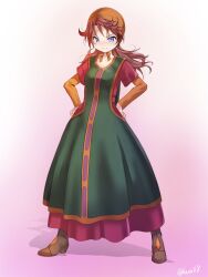 1girl blue_eyes brown_hair closed_mouth commission curly_hair dragon_quest dragon_quest_vii dress full_body highres hood kakizaka_hachishika long_hair looking_at_viewer maribel_(dq7) shadow simple_background skeb_commission skirt smile solo
