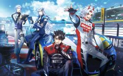 2024 4boys arataki_itto arm_up black_footwear black_gloves black_hair black_jumpsuit blue_bow blue_eyes blue_hair blue_jacket blue_pants blue_sky boots bow brown_eyes bugatti bugatti_chiron car clipboard clothes_writing cloud collared_jacket colored_inner_hair commentary confetti day ear_piercing earrings english_commentary eyeliner facepaint facial_scar fangs finger_to_mouth fingerless_gloves genshin_impact gloves grey_hair hair_between_eyes hair_bow hair_ornament hair_over_shoulder hand_up hands_up highres holding holding_clipboard horns id_card jacket jewelry jumpsuit kamisato_ayato light_particles long_hair long_sleeves looking_at_another looking_at_viewer low-tied_long_hair makeup male_focus medium_hair melusine_(genshin_impact) motor_vehicle multicolored_hair multicolored_jacket multiple_boys neuvillette_(genshin_impact) no_logo on_car onegingek oni_horns open_clothes open_jacket open_mouth outdoors pants parted_bangs piercing pointy_ears pouch purple_eyes race_vehicle racecar racing_suit red_hair red_horns scar scar_on_cheek scar_on_face second-party_source shirt short_hair sitting sitting_on_car sky smile stadium standing sticker streaked_hair stud_earrings teeth thick_eyebrows thigh_pouch thigh_strap tongue toolbox turtleneck two-tone_jacket upper_teeth_only v-shaped_eyebrows very_long_hair wheel white_hair white_jacket white_jumpsuit white_pants white_shirt wriothesley_(genshin_impact) zipper