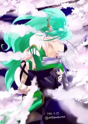 1boy 1girl aged_up breasts dated detached_sleeves earrings edward_geraldine final_fantasy final_fantasy_iv final_fantasy_iv:_the_after_years green_hair hair_ornament hetero jewelry kiss long_hair medium_breasts nekomrao rydia_(ff4) thighhighs