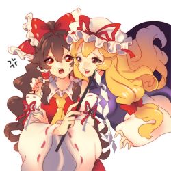 Rule 34 | 2girls, anger vein, bad id, bad pixiv id, barefoot, blonde hair, bow, brown hair, cheong ha, detached sleeves, gap (touhou), gohei, hair bow, hair tubes, hakurei reimu, haraegushi, hat, hat ribbon, long hair, mob cap, multiple girls, oonusa, purple eyes, red eyes, ribbon, sweatdrop, touhou, wide sleeves, yakumo yukari