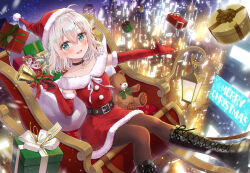 1girl :d ahoge bell black_boots black_choker blush boots box brown_pantyhose building choker christmas city cityscape collarbone commentary_request dress elbow_gloves fur-trimmed_dress fur-trimmed_gloves fur-trimmed_headwear fur_trim gift gift_box gloves green_eyes grey_hair hair_between_eyes hand_up handbell hat highres holding holding_bell lace-up_boots looking_at_viewer merry_christmas neck_bell night night_sky open_mouth original outdoors outstretched_arm pantyhose red_dress red_gloves red_hat revision santa_costume santa_hat sato_ame sky skyscraper sleigh smile solo stuffed_animal stuffed_toy teddy_bear