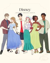 3boys 3girls ariel_(disney) aurora_(disney) black_hair blonde_hair blue_eyes brown_hair dark-skinned_female dark_skin disney disney_princess dress eric_(disney) highres jewelry long_hair looking_at_viewer meecosme multiple_boys multiple_girls phillip_(disney) prince_naveen red_hair short_hair sleeping_beauty_(disney) smile the_little_mermaid_(disney) the_princess_and_the_frog_(disney) tiana_(the_princess_and_the_frog)
