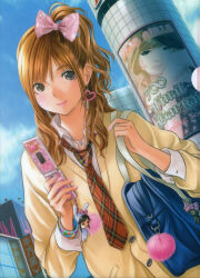 1girl absurdres ad animal_costume bag bag_charm billboard black_eyes blonde_hair blue_bag blue_eyeshadow blue_sky blush bow brown_cardigan cardigan cellphone cellphone_charm cellphone_strap character_charm charm_(object) city cloud collared_shirt decorations dress_shirt dutch_angle earrings english_text eyeshadow fake_nails flip_phone gyaru hair_bow hands_up heart heart_earrings heart_necklace highres holding holding_bag holding_phone jewelry kogal long_hair long_sleeves looking_at_viewer looking_to_the_side loose_necktie love_plus makeup necklace necktie official_alternate_hairstyle official_art open_collar outdoors partially_unbuttoned phone pink_bow pink_lips plaid_clothes plaid_necktie ponytail rabbit rabbit_costume red_necktie scan school_bag school_uniform shirt shoulder_bag sidelocks sky smile solo takane_manaka upper_body wavy_hair white_shirt
