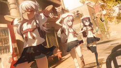 3girls arms_behind_head backpack bag beret black_hair black_skirt black_thighhighs breasts brown_eyes chloe_von_einzbern closed_eyes closed_mouth collared_shirt dark-skinned_female dark_skin fate/kaleid_liner_prisma_illya fate_(series) hair_ornament hairclip hairpin half_updo hat highres homurabara_academy_school_uniform illyasviel_von_einzbern kneehighs long_hair magical_ruby magical_sapphire miyu_edelfelt multiple_girls neck_ribbon open_mouth orange_eyes pink_hair pleated_skirt puffy_short_sleeves puffy_sleeves red_eyes red_ribbon ribbon sailor_collar school_uniform shirt short_sleeves sidelocks skirt small_breasts smile socks thighhighs white_hair white_hat white_sailor_collar white_shirt yuyiosang