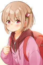 1girl arm_up backpack bag blush brown_hair cardigan child closed_mouth commentary_request dot_mouth dot_nose double-parted_bangs far_tarooo flower hair_between_eyes hair_flower hair_ornament highres hood hood_down hoodie layered_clothes leaf looking_to_the_side momo_(far_tarooo) original pink_cardigan pink_eyes pink_flower randoseru red_bag red_hoodie sideways_glance simple_background solo twig upper_body white_background zipper zipper_pull_tab