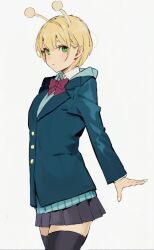 Rule 34 | 1girl, alien, antennae, vamola (dandadan), black thighhighs, blonde hair, blue hoodie, blue jacket, blue skirt, bow, bowtie, closed mouth, collared shirt, commentary, cowboy shot, dandadan, green eyes, hair behind ear, hood, hood down, hoodie, jacket, long sleeves, neju, pleated skirt, red bow, red bowtie, shirt, short hair, simple background, skirt, solo, thighhighs, white shirt, zettai ryouiki