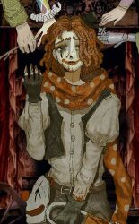 Rule 34 | 2girls, 3boys, belt, black gloves, black hat, black vest, blood, blood on clothes, blood on face, blood on hands, brown belt, brown pants, clown, clown mask, cowboy shot, daisy (flower), fingerless gloves, flower, frilled sleeves, frills, frown, fuquan9921, gloves, grey eyes, grey shirt, hacksaw, hat, highres, holding, holding hacksaw, holding stick, identity v, juliet sleeves, long sleeves, looking up, makeup, margaretha zelle, mask, medium hair, mike morton, mini hat, multiple boys, multiple girls, murro (identity v), out of frame, pants, polka dot, polka dot scarf, prosthesis, prosthetic arm, puffy sleeves, red hair, red scarf, runny makeup, saw, scarf, shirt, stick, unworn mask, vest, violetta (identity v), weeping clown (identity v)