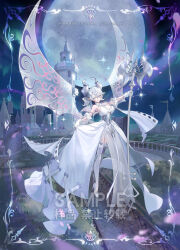 1girl absurdres alternate_hairstyle arm_up armored_corset aurora balcony bardiche_(weapon) breasts castle clothes_lift collar commentary_request corset crossed_bangs demon_girl demon_horns demon_wings dress dress_lift duel_monster earrings elaborate_wings full_moon garter_straps gloves grass grey_eyes hair_between_eyes high_heels highres holding holding_weapon horns jewelry large_breasts oversized_wings long_hair looking_at_viewer lovely_labrynth_of_the_silver_castle moon multiple_wings night night_sky pink_wings pointy_ears polearm ponytail purple_wings short_sleeves sky sleeveless sleeveless_dress smile solo sparkle striped_wings thighhighs transparent_wings twitter_username watermark weapon white_collar white_corset white_dress white_footwear white_garter_straps white_gloves white_hair white_sleeves white_thighhighs wide_sleeves wings youchengyan yu-gi-oh!