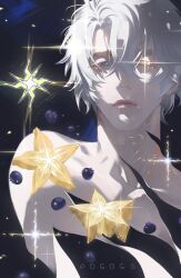 1boy absurdres blue_eyes blueberry closed_mouth food fruit heterochromia highres honkai:_star_rail honkai_(series) looking_at_viewer male_focus phainon_(honkai:_star_rail) pogogu short_hair solo starfruit upper_body white_hair yellow_eyes