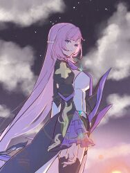 Rule 34 | 1girl, black thighhighs, blue eyes, bow (weapon), cloud, commentary, dmr pic, elysia (honkai impact), elysia (miss pink elf) (honkai impact), from side, hair down, highres, holding, holding bow (weapon), holding weapon, honkai (series), honkai impact 3rd, long hair, long sleeves, looking at viewer, pink hair, pointy ears, solo, thighhighs, very long hair, weapon
