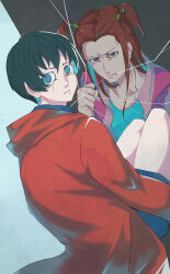2boys aaazekawa ace_attorney ace_attorney_investigations ace_attorney_investigations_2:_prosecutor&#039;s_gambit aged_down black_hair blue_eyes blue_shorts coat crying highres multiple_boys red_coat red_hair sarushiro_souta shorts