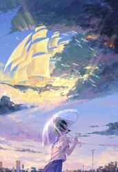 1girl bare_arms black_hair blue_sailor_collar blue_skirt blue_sky boat cloud cowboy_shot crescent_moon expressionless faceless faceless_female fish flying_fish from_side gradient_sky head_tilt high-waist_skirt highres holding holding_umbrella lamppost lao_ren_qiu light_particles light_rays moon original parted_lips pleated_skirt purple_sky sailboat sailor_collar school_of_fish school_uniform serafuku shirt short_hair short_sleeves skirt sky skyline solo storm sunlight sunset transparent transparent_umbrella umbrella umbrella_over_shoulder walking watercraft white_shirt wings