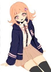 1girl :d breasts brown_hair brown_skirt collared_shirt danganronpa_(series) danganronpa_2:_goodbye_despair flipped_hair galaga hair_ornament highres hood jacket long_sleeves looking_at_viewer medium_hair miniskirt nanami_chiaki neck_ribbon open_clothes open_jacket open_mouth pink_eyes pink_ribbon pleated_skirt ribbon shirt shirt_tucked_in simple_background skirt smile solo spaceship_hair_ornament thighhighs to_sawa_teru white_shirt zettai_ryouiki