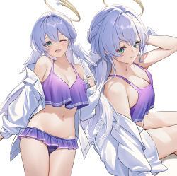 1girl absurdres alternate_costume arm_up bare_shoulders bikini breasts cleavage closed_mouth collarbone commentary from_side green_eyes grey_hair halo head_wings highres honkai:_star_rail honkai_(series) jewel_under_eye large_breasts long_hair long_sleeves looking_at_viewer looking_to_the_side lunacle multiple_views navel off_shoulder one_eye_closed open_clothes open_mouth open_shirt paid_reward_available purple_bikini robin_(honkai:_star_rail) shirt sitting smile standing stomach swimsuit thighs white_shirt wings