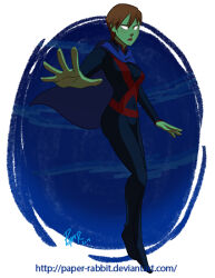 1girl alien cape colored_skin dc_comics green_skin miss_martian paper-rabbit red_hair short_hair solo superhero_costume young_justice