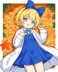 1girl autumn_leaves blonde_hair blue_bow blue_dress blue_eyes blue_hair blue_hairband blue_ribbon border bow bow_hairband coat collared_shirt colored_inner_hair commentary_request cowboy_shot dress dress_shirt falling_leaves grin hair_bow hairband lab_coat leaf long_sleeves looking_at_viewer lying medium_hair multicolored_hair neck_ribbon on_back onyhakase open_clothes open_coat original outside_border pinafore_dress ribbon shirt sleeveless sleeveless_dress smile solo two-tone_hair white_border white_coat white_shirt