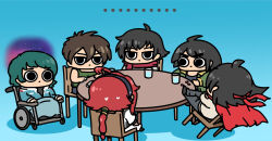 Rule 34 | afei (sfma3248), angry, asticassia school uniform, black hair, black hairband, blanket, brown hair, cape, chibi, crossover, domon kasshu, g gundam, gundam, gundam 00, gundam suisei no majo, gundam tekketsu no orphans, gundam wing, hairband, heero yuy, highres, jacket, kamille bidan, low ponytail, mikazuki augus, multiple boys, ponytail, red hair, scarf, school uniform, setsuna f. seiei, shirt, spoilers, suletta mercury, water, wheelchair, zeta gundam