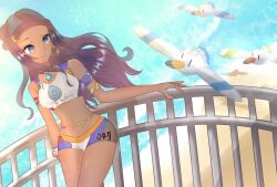 1girl armlet belly_chain bikini black_hair blue_eyes blue_hair breasts chima1_020 crop_top dark-skinned_female dark_skin earrings gen_3_pokemon hair_bun highres hoop_earrings jewelry long_hair multicolored_hair navel necklace nessa_(pokemon) nintendo pokemon pokemon_(creature) pokemon_swsh single_hair_bun swimsuit tankini two-tone_hair wingull