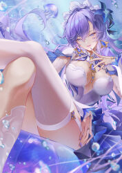 1girl absurdres blue_flower breasts bubble cantarella_(wuthering_waves) chigusa7h commentary crossed_legs dress earrings facial_mark fingernails flower hair_between_eyes hair_flower hair_ornament hand_up headdress highres jellyfish jewelry large_breasts long_hair looking_at_viewer mark_under_both_eyes mole mole_under_eye nail_polish parted_lips purple_hair purple_nails shrug_(clothing) single_thighhigh sitting smile solo thighhighs thighs underwater very_long_hair white_dress white_shrug white_thighhighs wuthering_waves