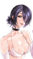 Rule 34 | 1girl, black hair, bra, breasts, chainsaw man, choker, closed mouth, dromi999, elbow gloves, gloves, green eyes, hair bun, hair over one eye, highres, lace, lace-trimmed bra, lace trim, looking at viewer, medium breasts, reze (chainsaw man), simple background, solo, underwear, white background, white bra, white gloves