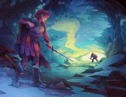 Rule 34 | 1girl, amulet, artist name, belt, boots, brown pants, cave, cave interior, cloak, closed mouth, gloves, heel up, holding, holding sword, holding weapon, long sleeves, monster, original, pants, profile, red hair, red shirt, sarah webb, scabbard, sheath, shirt, short hair, skirt, snow, stalactite, standing, sword, unworn clothes, unworn gloves, watermark, weapon, web address