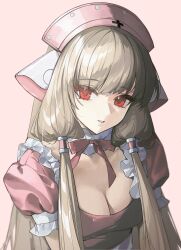 1girl absurdres animal_ears blonde_hair breasts chii chobits choker cleavage commentary dress hair_tubes hat highres long_hair looking_at_viewer nurse nurse_cap persocom_(chobits) pink_background pink_dress pink_ribbon puffy_short_sleeves puffy_sleeves red_eyes ribbon robot_ears short_sleeves simple_background solo tutou_jiang upper_body very_long_hair