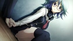 1boy 1girl :o between_breasts black_dress black_thighhighs breasts buttons chaos;child chest_bow double-breasted dress dress_shirt game_cg glasses hair_between_eyes hand_on_another&#039;s_hand headphones headphones_around_neck hekiho_academy hekiho_academy_uniform high_collar highres kazuki_hana large_breasts long_sleeves looking_to_the_side miyashiro_takuru necktie necktie_between_breasts non-web_source official_art open_mouth purple_eyes purple_hair red-framed_eyewear red_necktie sailor_collar sasaki_mutsumi school_uniform shirt short_hair sidelocks sitting smile solo standing thick_thighs thighhighs thighs tongue underbutt white_sleeves
