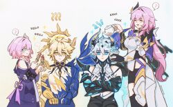 black_boots black_gloves black_shorts blonde_hair blue_eyes blue_hands boots breasts brochette cape cleavage coat cold color_connection commentary company_connection corset crossed_arms cup cyrene_(honkai:_star_rail) elf elysia_(honkai_impact) elysia_(miss_pink_elf)_(honkai_impact) english_commentary food gloves hair_color_connection hair_ornament halo highres hino_satoshi holding holding_cup holding_food holding_teapot honkai:_star_rail honkai_(series) honkai_impact_3rd hot ice ice_cube inoue_marina kevin_kaslana kevin_kaslana_(diabolic) large_breasts long_hair musical_note phainon_(honkai:_star_rail) pointy_ears pouring_onto_another purple_coat short_hair shorts shrug_(clothing) simple_background sitting smile spikes spoken_musical_note standing teapot thighhighs topless_male voice_actor_connection water white_background white_corset white_hair yammyyml yanning yellow_eyes yellow_hands