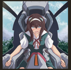 1boy androgynous blue_eyes blue_skirt blush bow brown_hair cloud cockpit commentary crossdressing embarrassed entry_plug fang forest fujitaka_nasu hair_between_eyes headband holding ikari_shinji interface_headset_(evangelion) long_hair looking_at_viewer male_focus mountain nature neon_genesis_evangelion open_mouth red_neckwear seat shirt short_sleeves sitting skin_fang skirt sky solo suspender_skirt suspenders tearing_up textless_version tree trembling white_headband white_headwear white_shirt wig