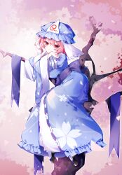 1girl absurdres black_shoes blue_hat blue_kimono breasts cherry_blossoms cherry_tree full_body hat head_rest highres japanese_clothes kimono large_breasts looking_at_viewer pink_hair red_eyes saigyouji_yuyuko shoes sia_6767 sitting_on_branch solo touhou veil white_veil