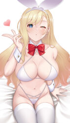 1girl bikini blonde_hair blowing_kiss blue_eyes bow bowtie breasts cleavage cowboy_shot detached_collar hataraki_kuma heart highleg highleg_bikini highres large_breasts leotard original playboy_bunny red_bow red_bowtie simple_background sitting solo swimsuit thighhighs white_background white_bikini white_thighhighs wrist_cuffs